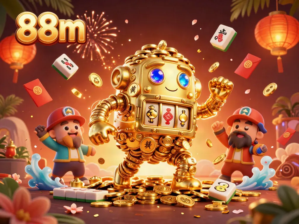 Experience thrilling excitement with 88m's dynamic casino scene featuring a golden golem and vibrant game elements.