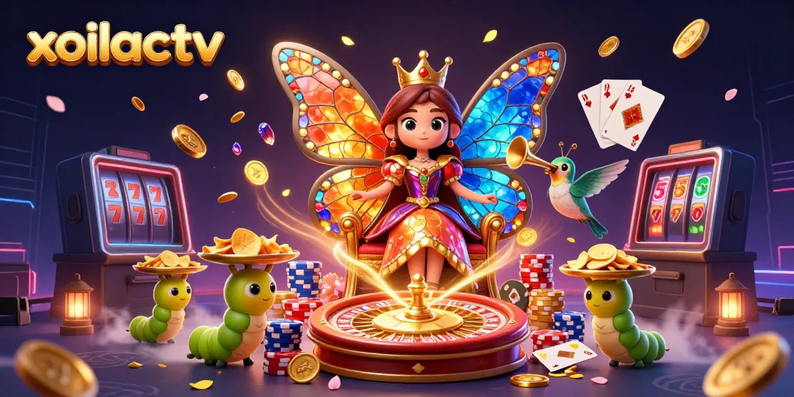 Xoilactv showcases an enchanting butterfly queen surrounded by vibrant casino elements and golden treasures.