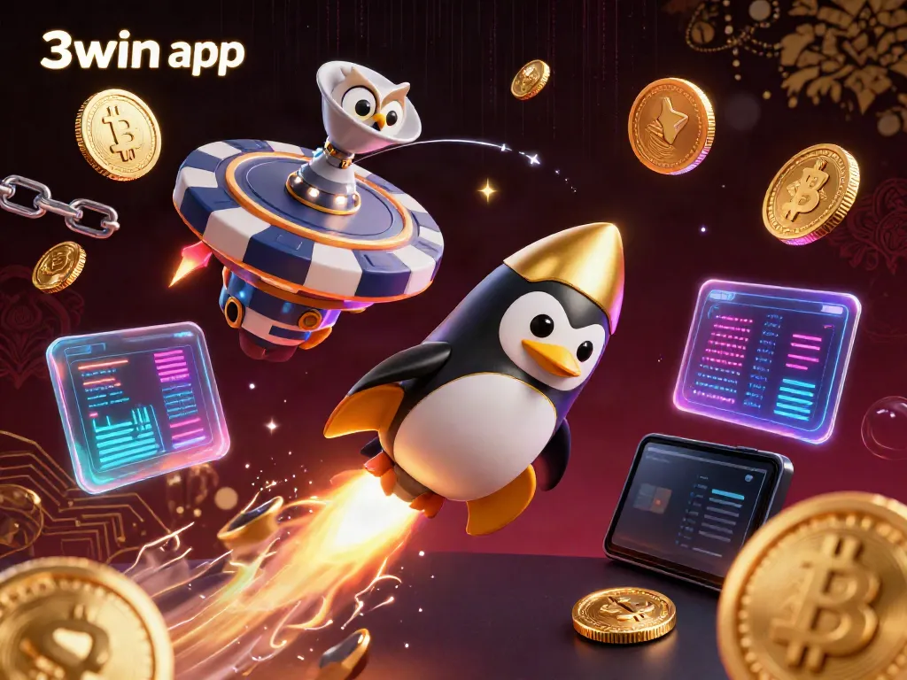 Engage with the vibrant 3win app scene featuring a golden penguin and casino backdrop immersed in digital energy.