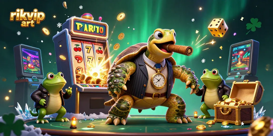 Experience vibrant rikvip art with a lively turtle mobster and frog enforcers amid casino excitement.