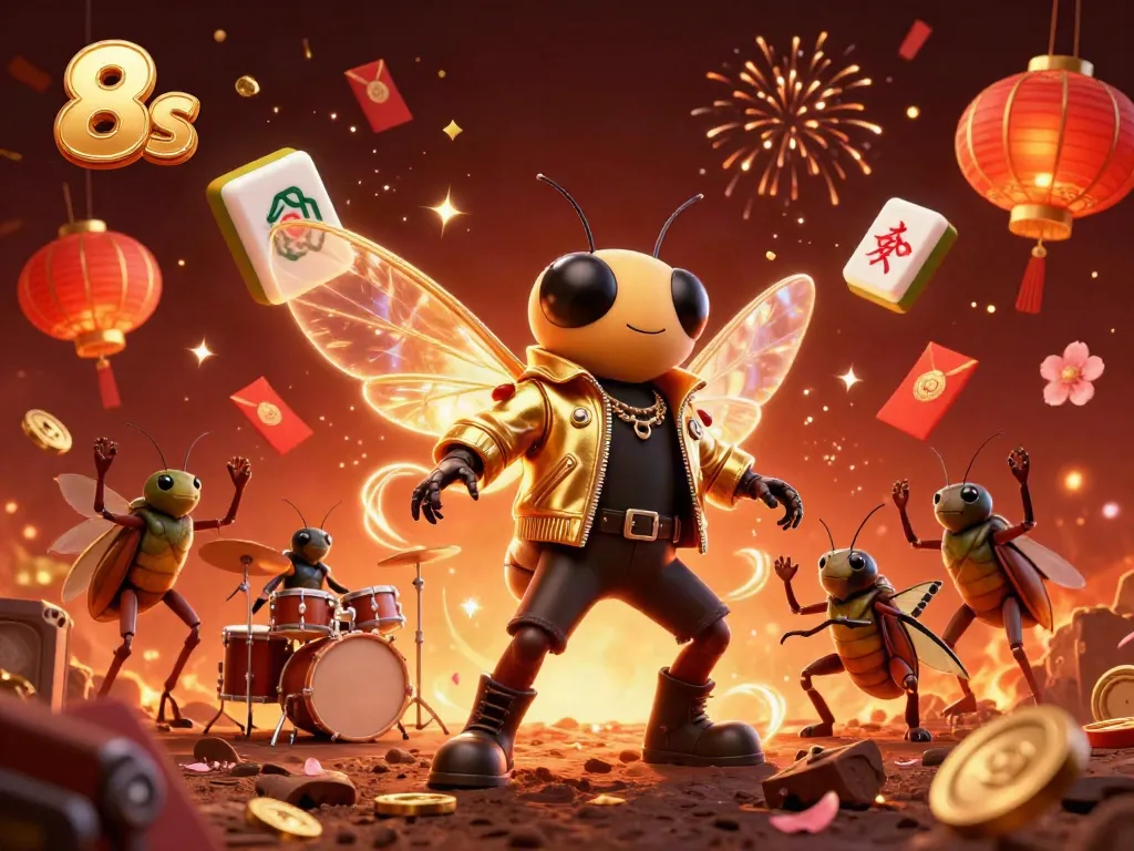 Engaging 3D illustration representing 8s casino vibes with rock star characters amidst festive gambling elements.