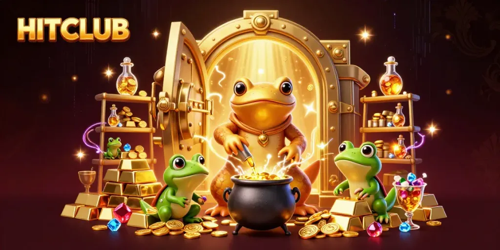 Experience the excitement of HITCLUB with a vibrant alchemical scene of gold transformations and treasure.