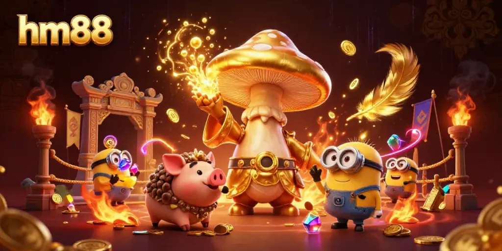Engage with the magic of hm88 as the golden mushroom wizard transforms the casino landscape, surrounded by treasures.