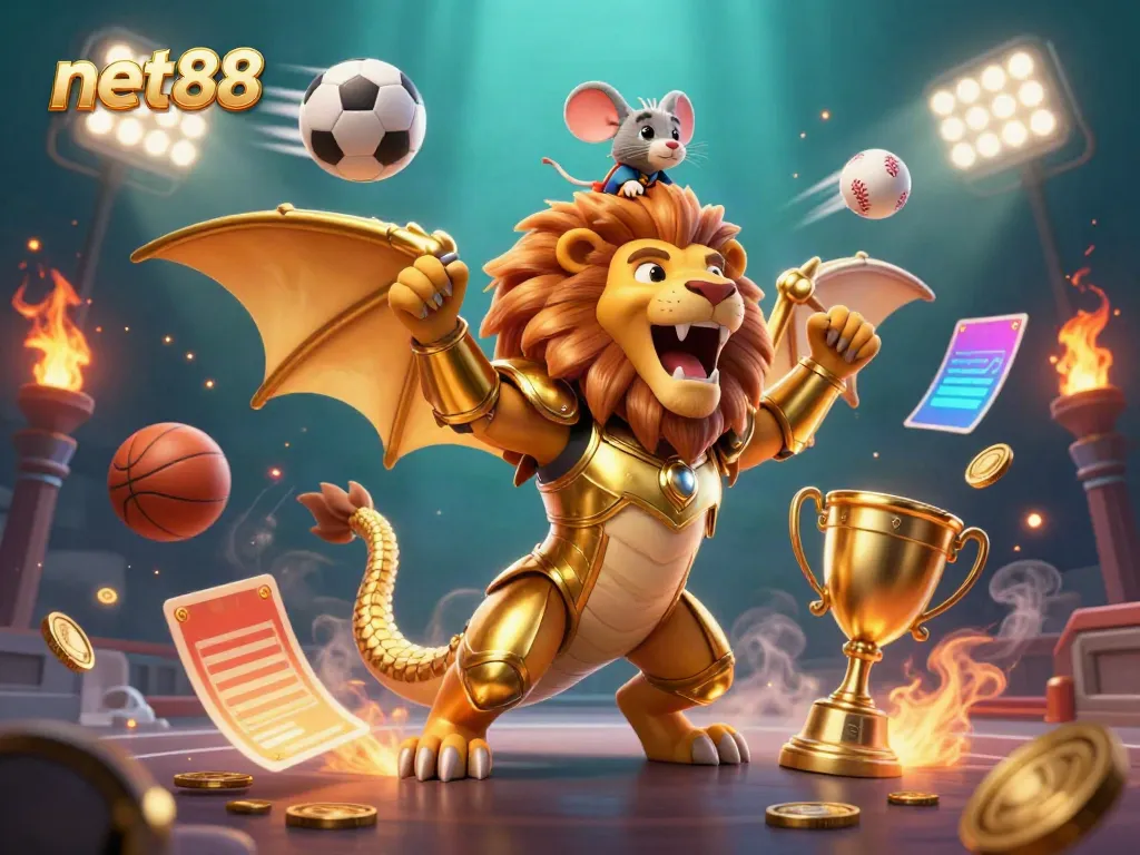 Experience excitement in net88 with a majestic chimera triumphantly roaring while surrounded by dynamic sports elements.