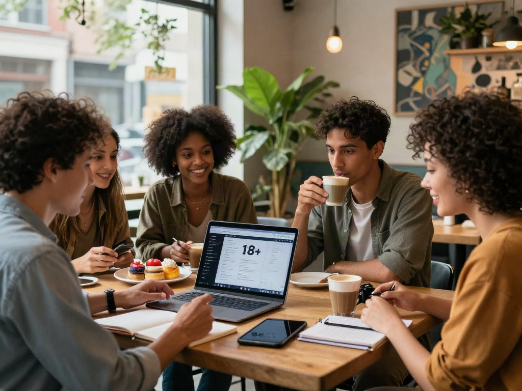 Friends discussing AI 18+ applications in a trendy urban cafe, showcasing technology.