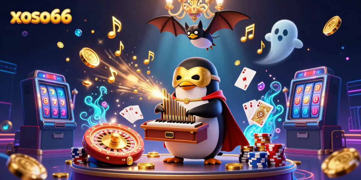 xoso66 penguin character playing a magical organ, releasing golden coins and vibrant casino symbols.