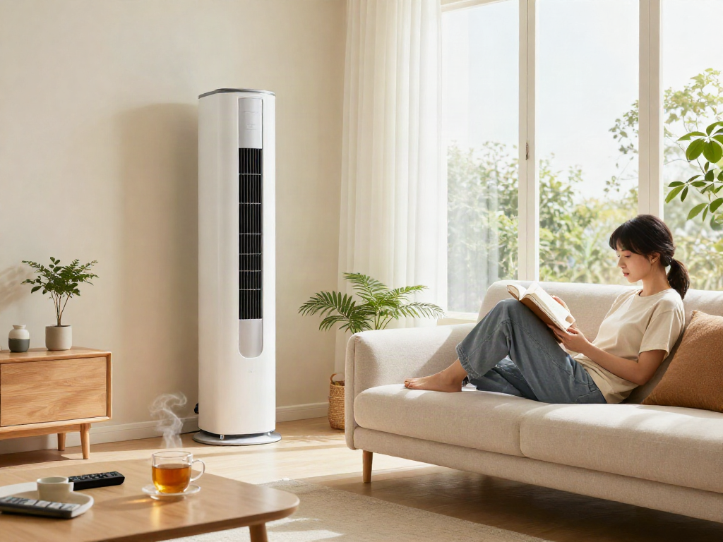 Person enjoying comfort with a mini split AC in a stylish living room.
