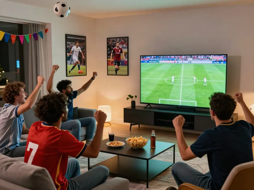 Group of friends watching xoilactv football match in a lively living room