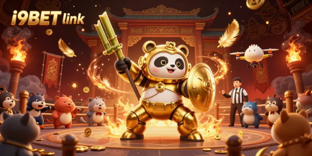 Experience the excitement of i9BET link as golden panda battles in a thrilling casino arena filled with vibrant game elements.