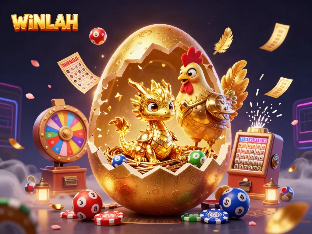 Experience exhilarating WINLAH gaming with a colossal golden egg and vibrant lottery elements.