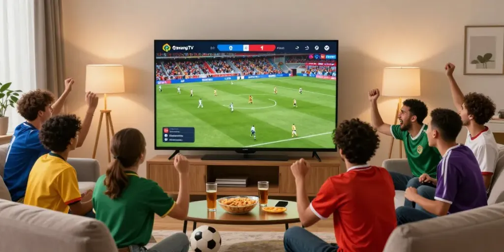 Fans enjoying live matches on GavangTV with snacks and vibrant team jerseys.