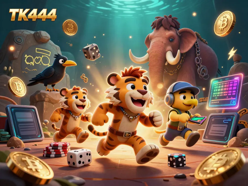 Experience thrilling adventures with TK444 in a vibrant, prehistoric casino scene.