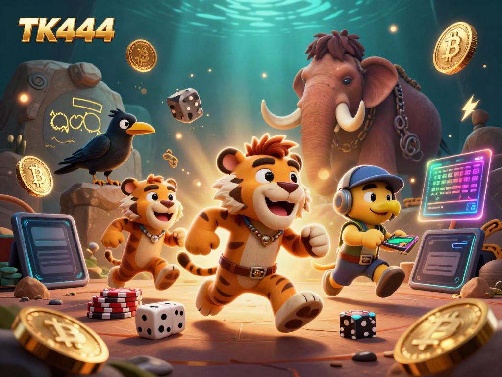 Experience thrilling adventures with TK444 in a vibrant, prehistoric casino scene.