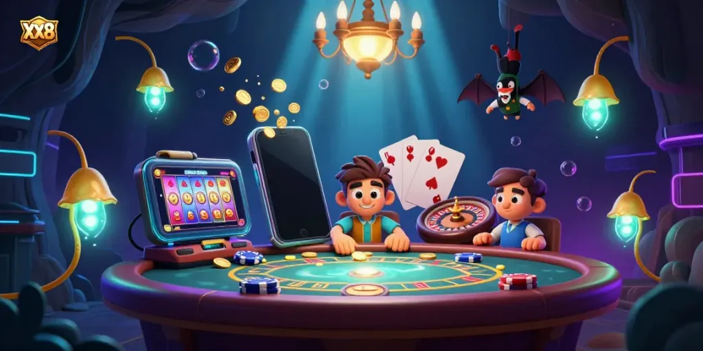 Experience the excitement of XX8 with vibrant glowworms illuminating a cave casino filled with games and energy.