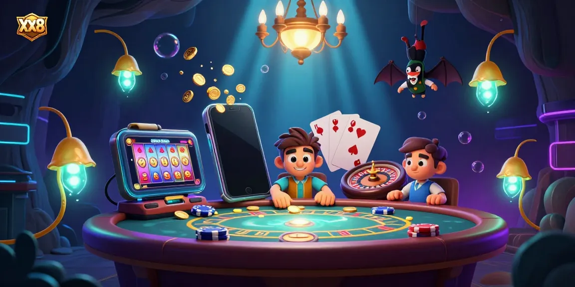 Experience the excitement of XX8 with vibrant glowworms illuminating a cave casino filled with games and energy.