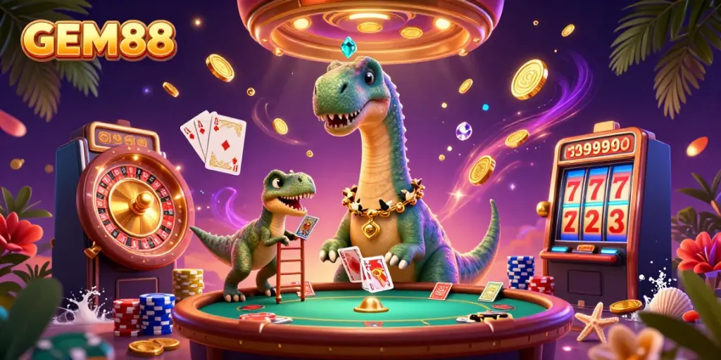 GEM88 showcases an engaging casino scene with a brontosaurus and clever raptor involved in gaming fun.