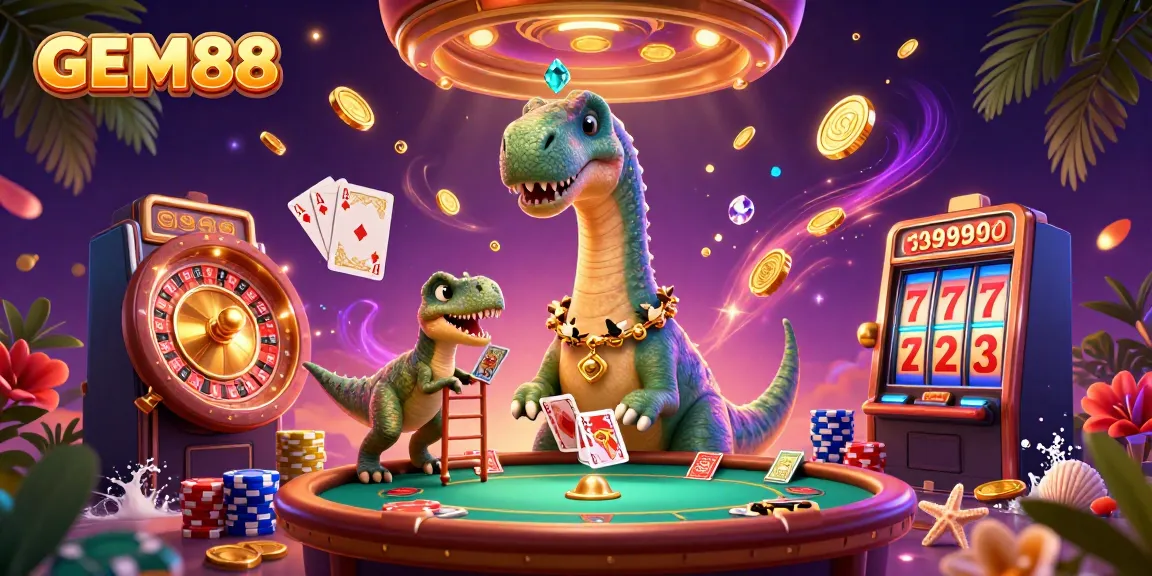 GEM88 showcases an engaging casino scene with a brontosaurus and clever raptor involved in gaming fun.