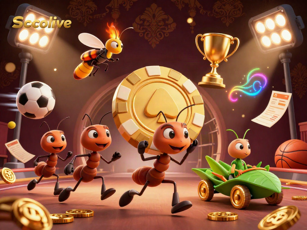 Socolive provides an immersive sports betting experience as cartoon ants carry a giant poker chip amidst dynamic elements.