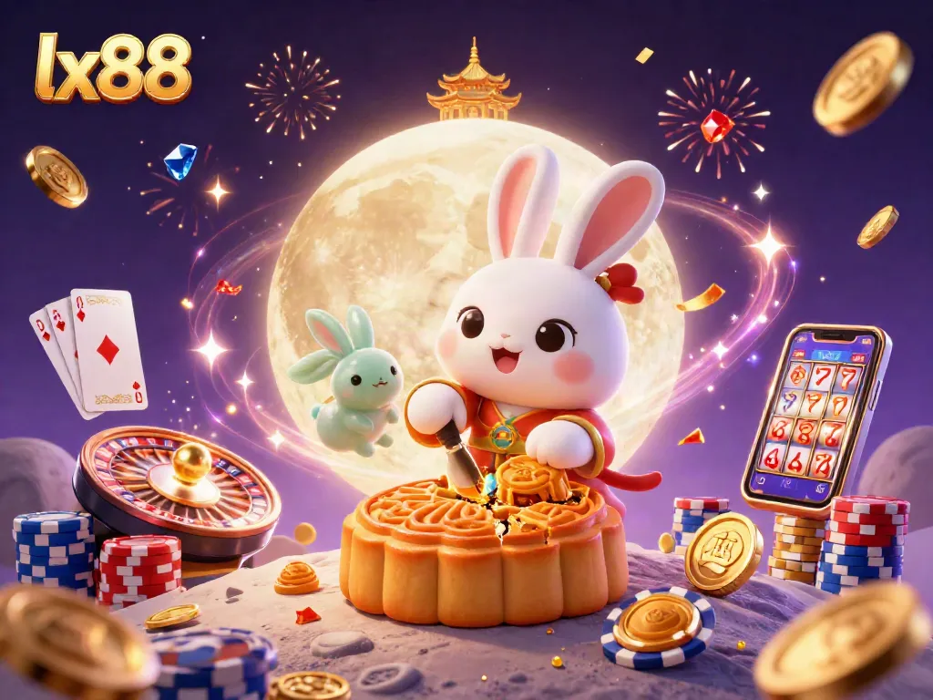 Experience winning moments at lx88 online casino with a playful moon rabbit and dazzling casino elements.