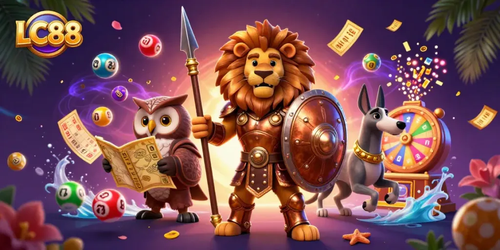 Engage with the vibrant LC88 gaming scene featuring a Spartan lion, owl strategist, and greyhound surrounded by dynamic lottery elements.