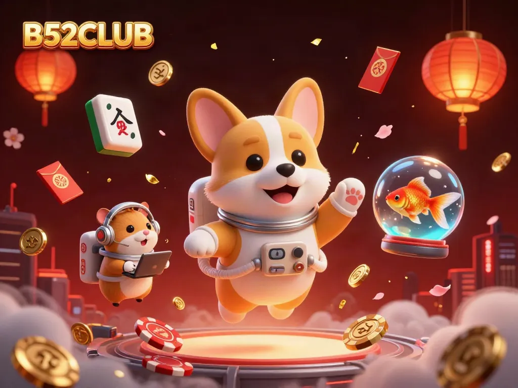 Engage with B52CLUB through a thrilling space casino scene with floating prizes and action.