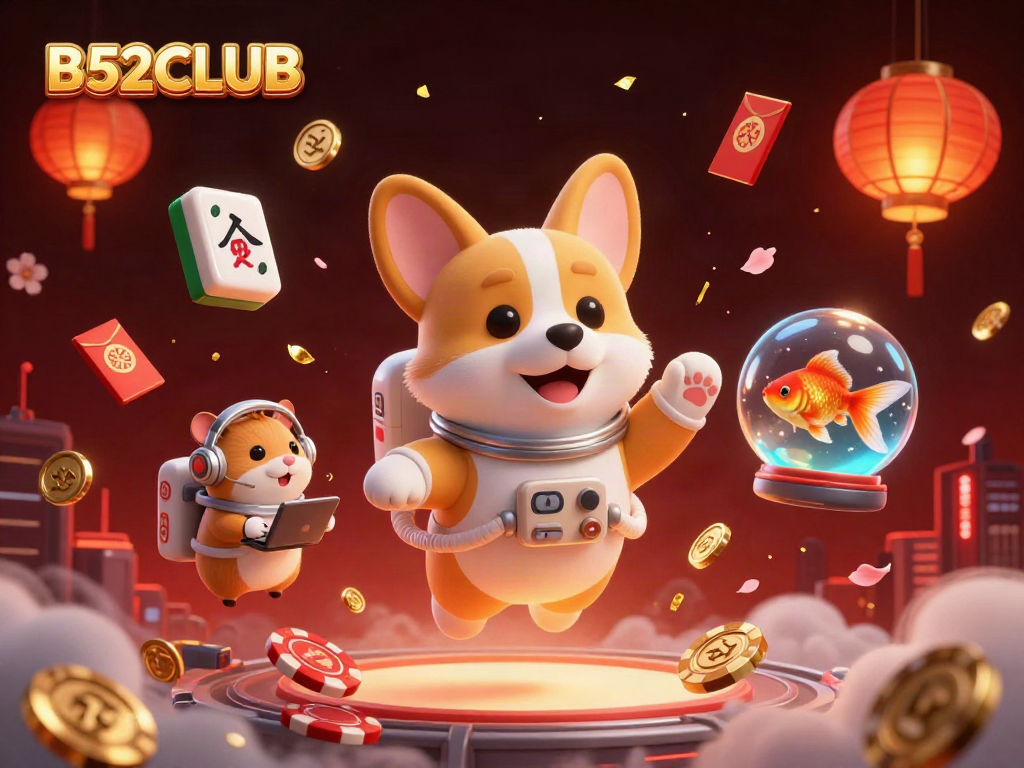 Engage with B52CLUB through a thrilling space casino scene with floating prizes and action.