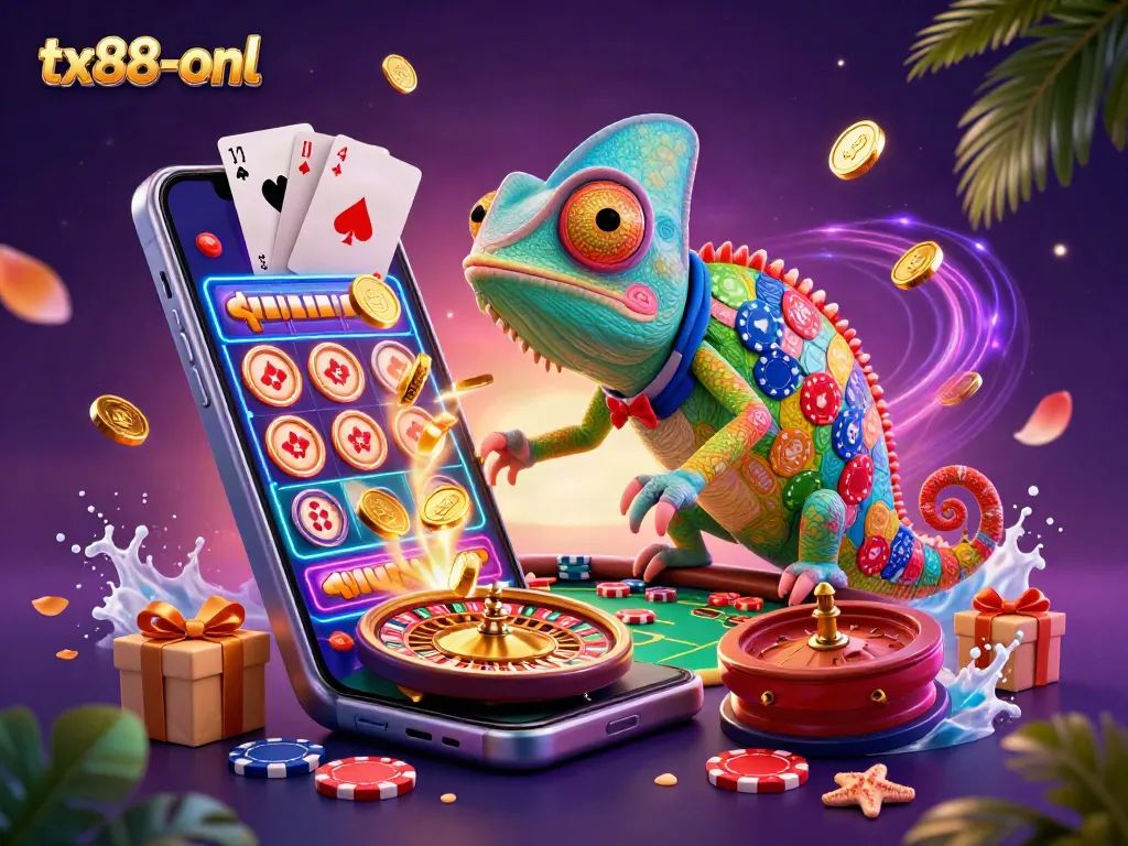 Join the fun at tx88-onl as the chameleon casino owner attracts golden coins with vibrant games!