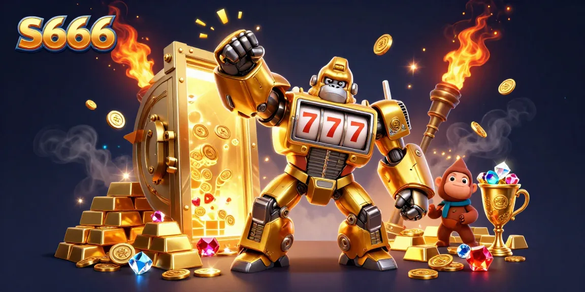 S666 showcases an ultra-detailed casino scene with a golden gorilla mech and vibrant treasure elements.