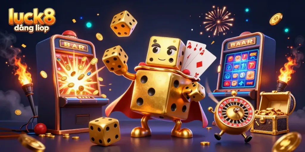 Experience the thrill of luck8 đăng nhập with a vibrant 3D casino scene showcasing golden characters and dynamic game elements.