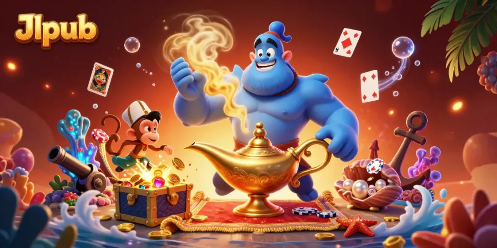 Engage with Jlpub's vibrant 3D casino scene featuring a genie with poker chips, gems, and golden treasures.