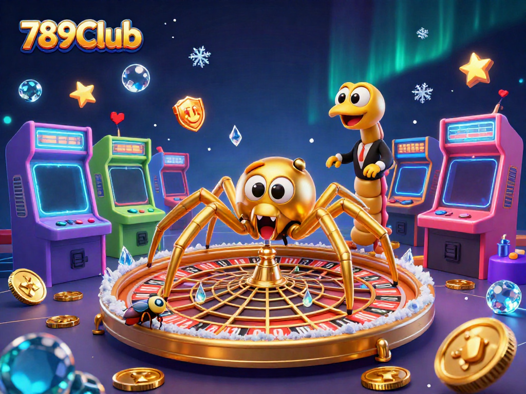 Experience high stakes at 789Club with a vibrant 3D scene of a golden spider-themed roulette wheel.