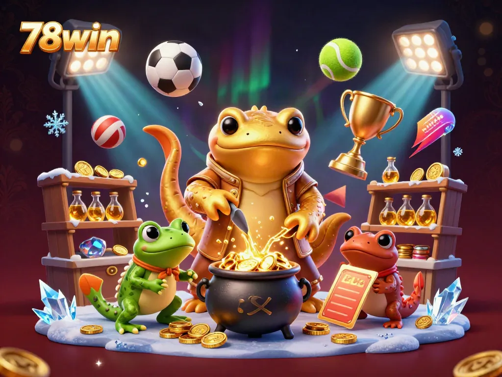 Engage in exciting betting activities with 78win at a vibrant 3D casino scene featuring an alchemist and sports elements.