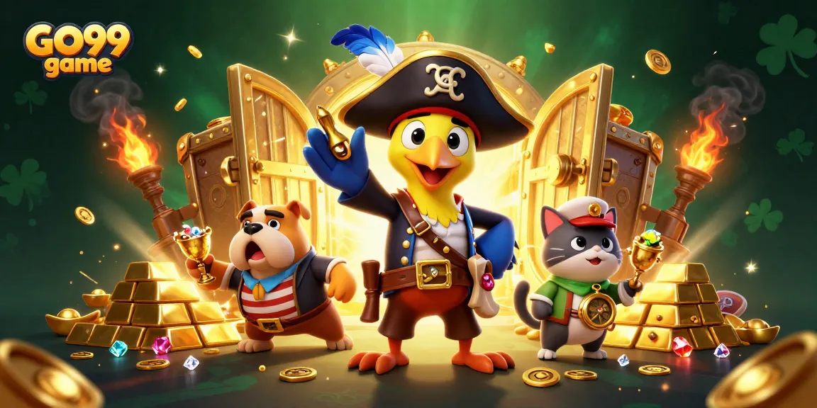 Engage with the GO99 game world featuring a vibrant pirate scene filled with treasures and adventure.