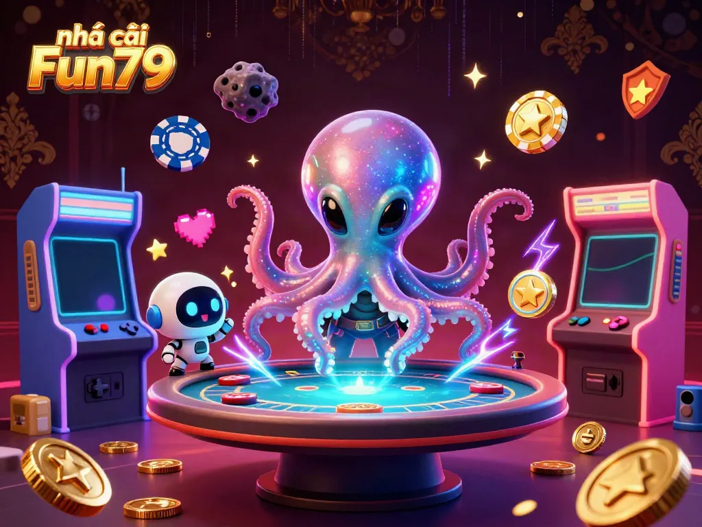 Engage with the vibrant world of nhà cái Fun79 featuring an alien octopus at a holographic poker table.