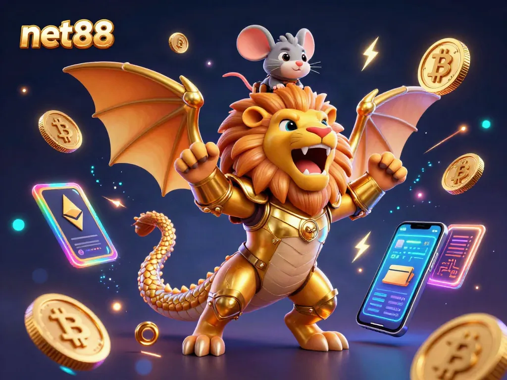 Place bets confidently with net88 in this vibrant 3D casino illustration featuring a golden chimera and crypto elements.