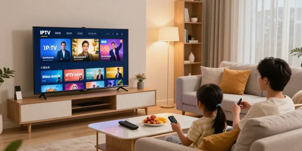 Enjoying IPTV Service on a modern home entertainment setup with family and snacks.