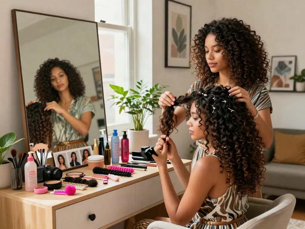 Curly hair extensions being styled in a chic urban apartment, showcasing personal style.