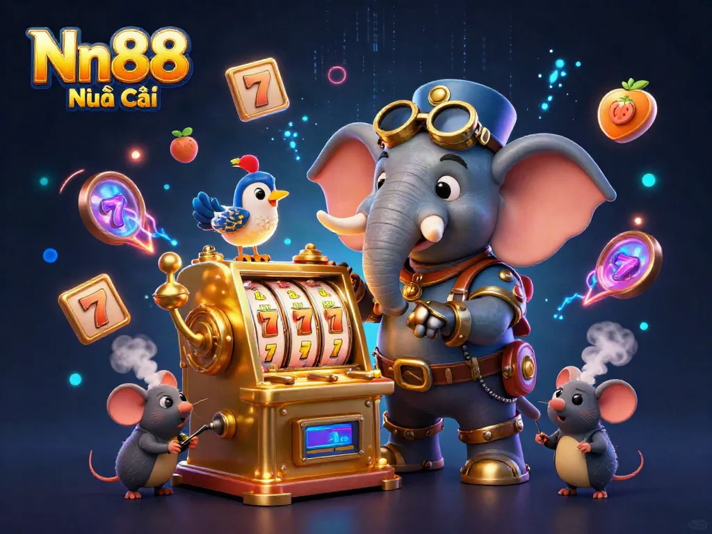 Engage with Nn88 Nhà Cái through this vibrant illustration of a steampunk-themed casino scene.