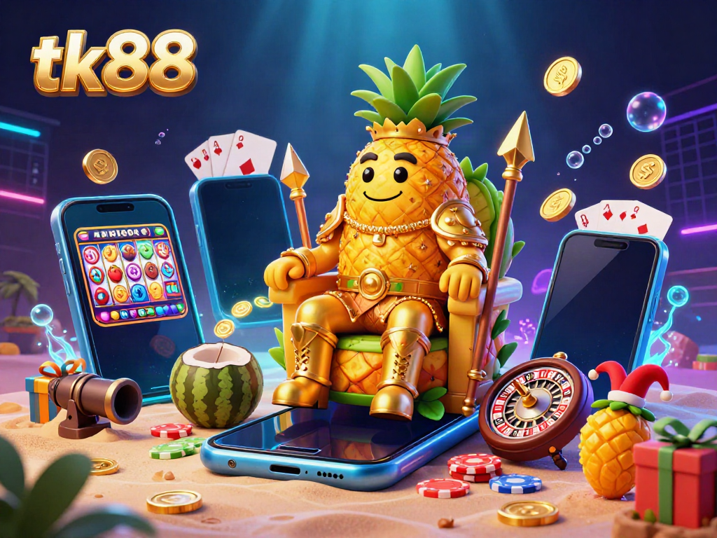 Experience gaming action with tk88 as the pineapple king reigns over a vibrant beach casino.