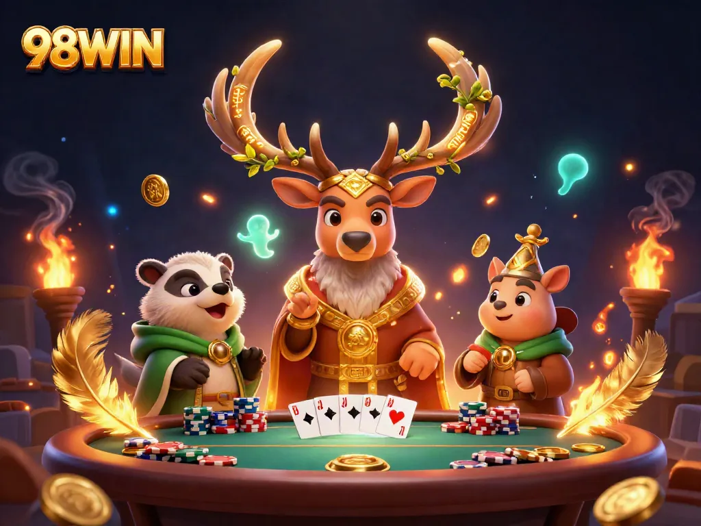 Experience the thrill of 98WIN's poker scene with captivating mystical characters in a vibrant casino.
