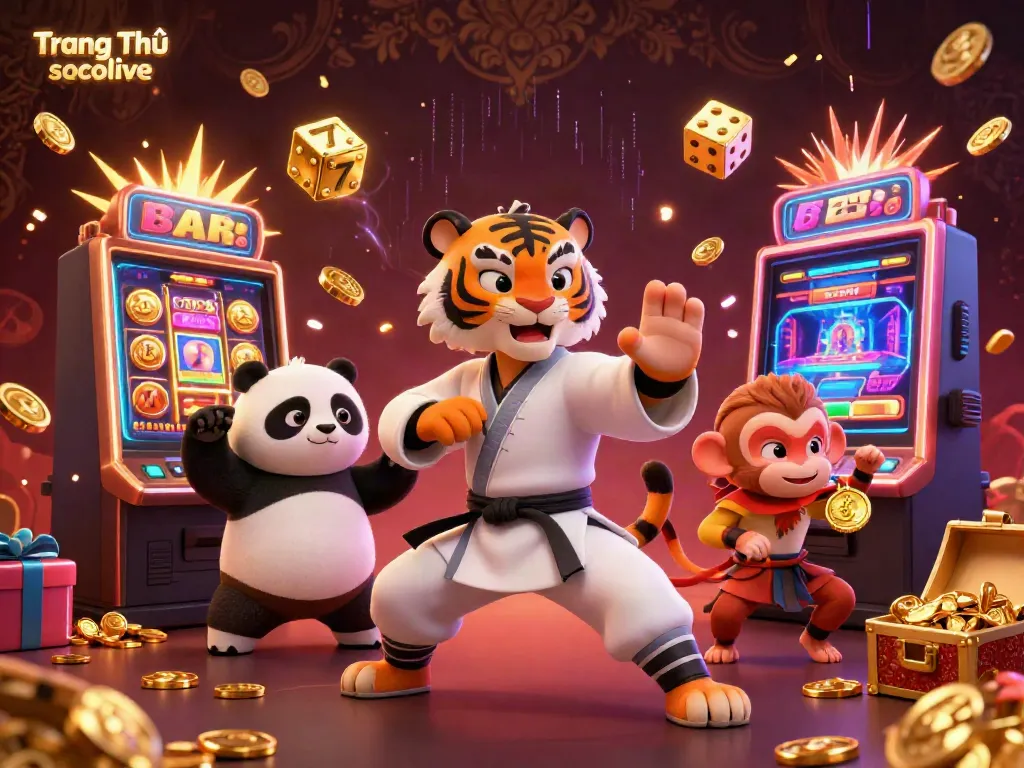 Engage with Trang Chủ socolive as a tiger master leads in a dynamic cartoon scene of winning slot games.