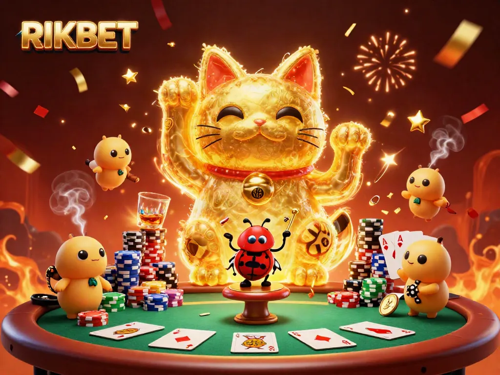 Experience a lively scene of golden fireflies forming a giant lucky cat, showcasing RIKBET
