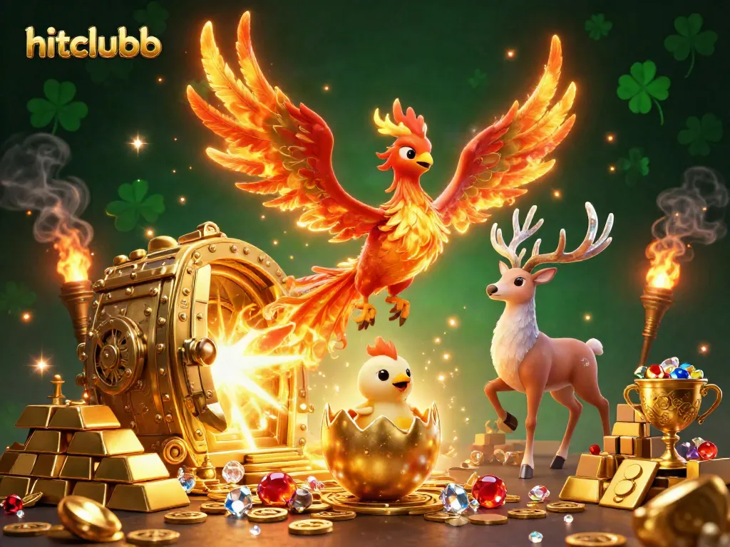 Experience thrilling wins at hitclubb with vibrant casino elements featuring dynamic characters and golden treasures.