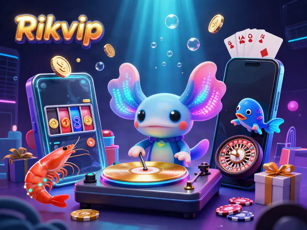 Engage with Rikvip's vibrant underwater casino atmosphere featuring a DJ axolotl, dancing shrimp, and thrill of jubilant gaming.
