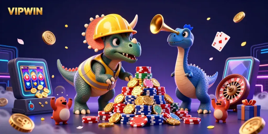 VIPWIN showcases a lively casino scene with a triceratops constructing poker chips amidst a dynamic gaming atmosphere.