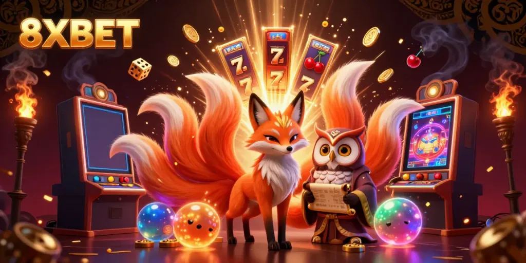 Win big at 8XBET with vibrant casino-themed characters amidst a jackpot explosion.