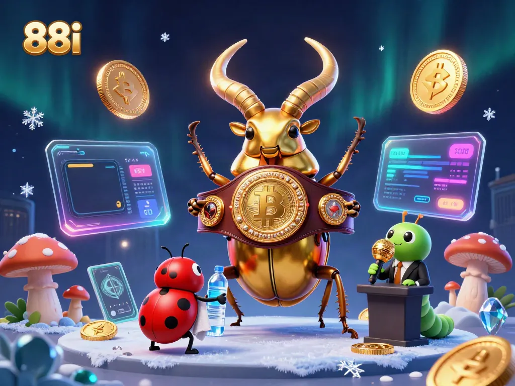 Engage in thrilling 88i casino action with a dynamic scene featuring a golden stag beetle champion and vibrant crypto elements.