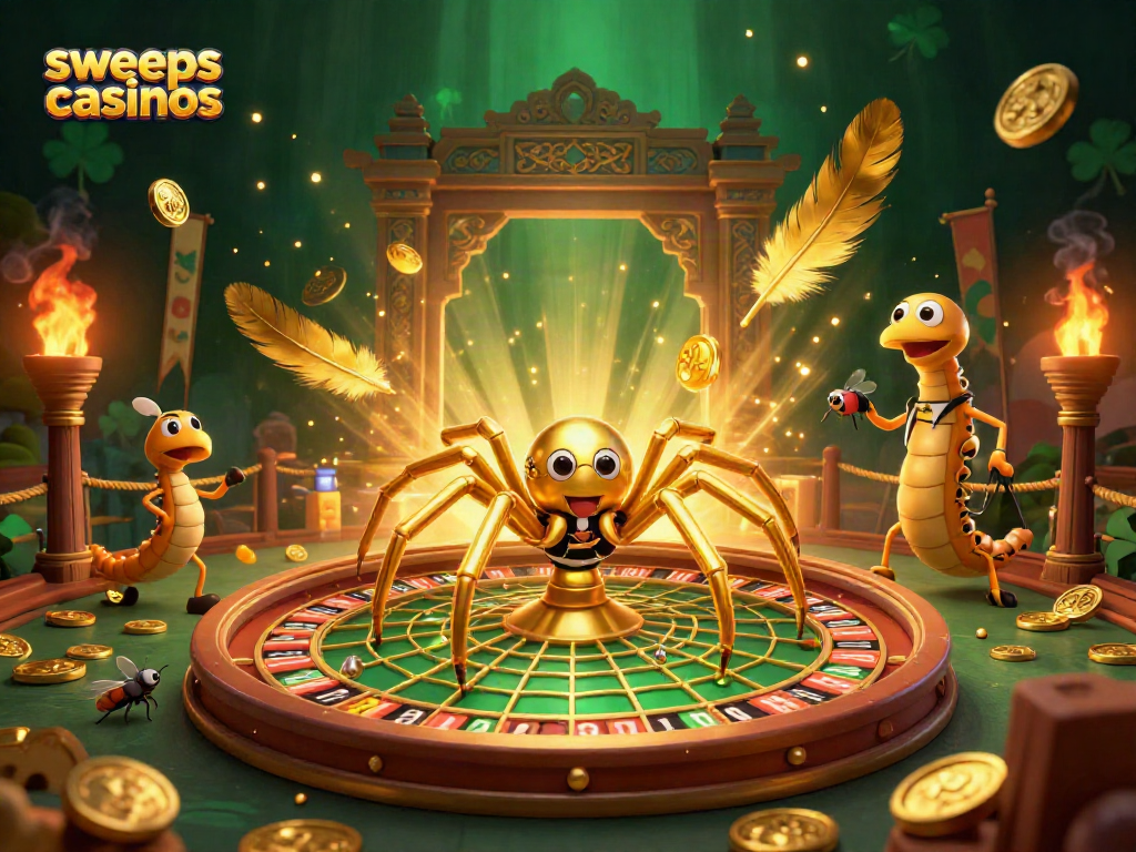 Engage with the exciting worlds of sweeps casinos featuring a golden spider and centipede croupier.