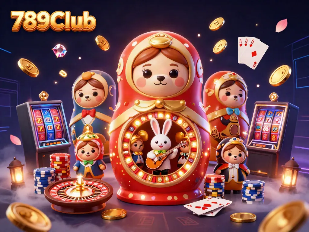 Experience the thrilling atmosphere of 789Club with vibrant casino-themed characters and dynamic gaming elements.