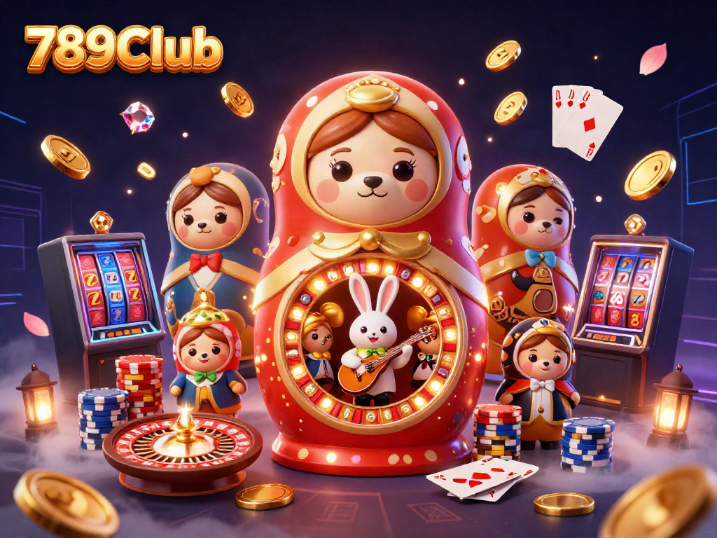 Experience the thrilling atmosphere of 789Club with vibrant casino-themed characters and dynamic gaming elements.